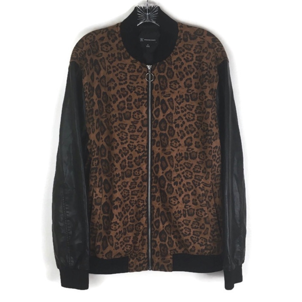 INC International Concepts Leopard Print Leather Sleeve Jacket in Brown/Black